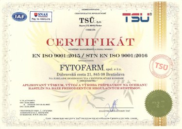 ISO 9001:2015 / STN EN ISO 9001:2016, Fytofarm s.r.o.